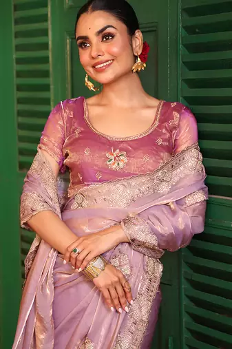 purple embroidery work tissue ceremonial saree