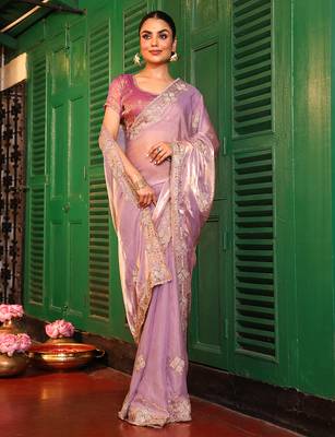 purple embroidery work tissue ceremonial saree 4