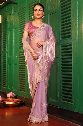 purple embroidery work tissue ceremonial saree