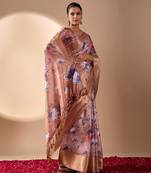 rose gold lichi silk blend saree with floral digital prints & zari border | matching satin silk blend blouse