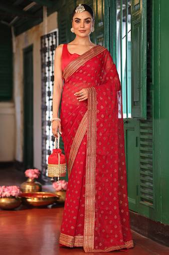 maroon color embroidery work chiffon fabric beautiful ceremonial saree