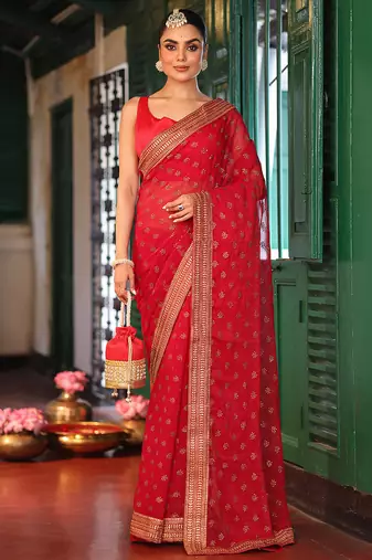 maroon color embroidery work chiffon fabric beautiful ceremonial saree