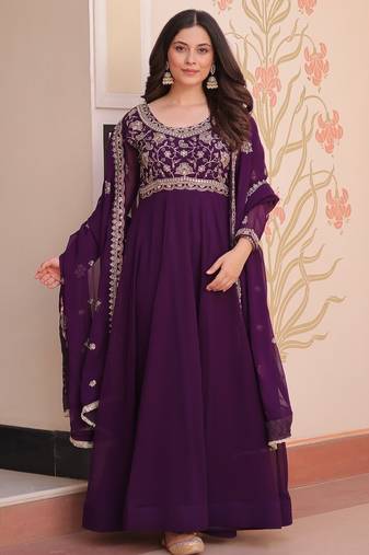 Purple Faux Blooming Beads Embroidered Gown for Women | Fully Stitched Party & Festive Wear Gown with Matching Dupatta