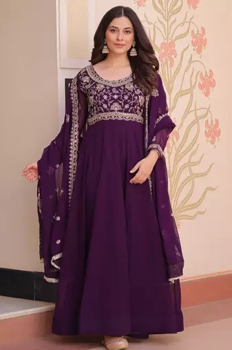 Purple Faux Blooming Beads Embroidered Gown for Women | Fully Stitched Party & Festive Wear Gown with Matching Dupatta