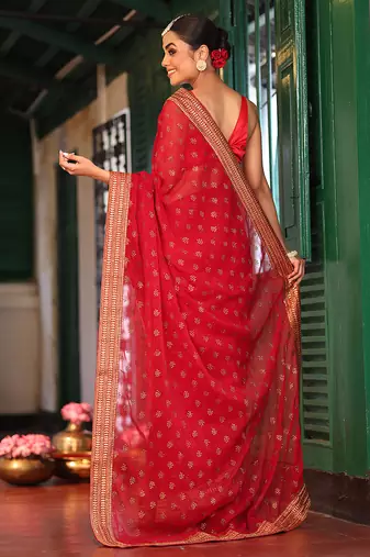 maroon embroidery work chiffon ceremonial saree