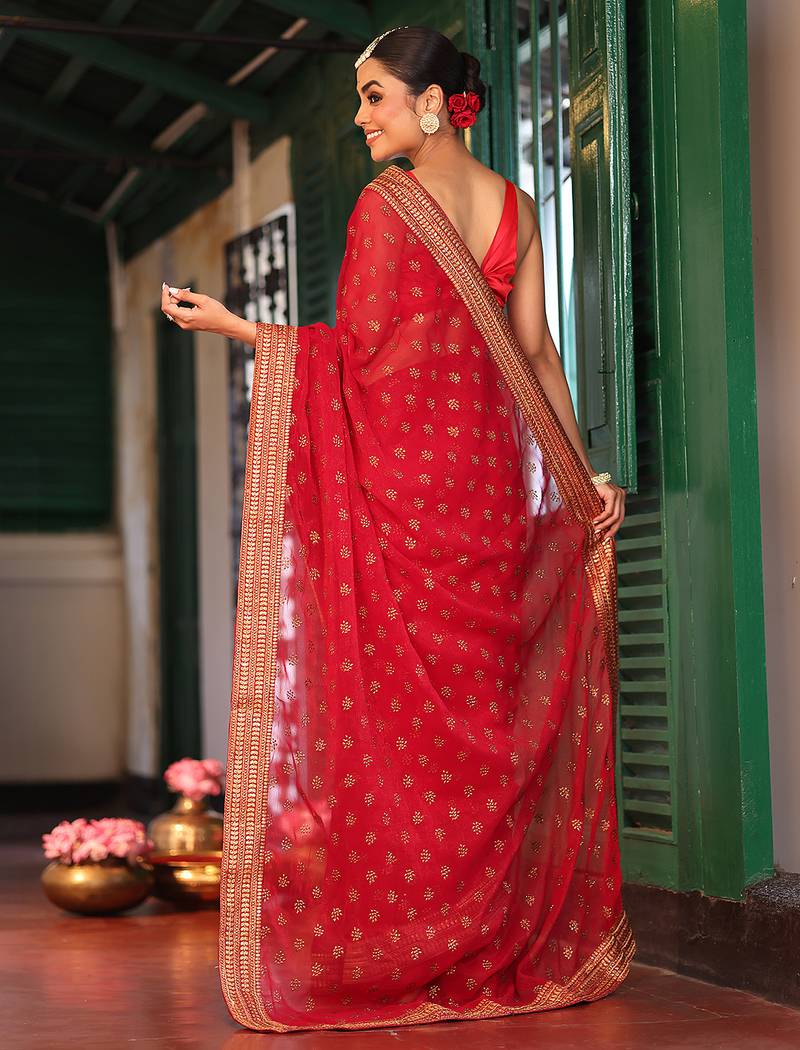 maroon color embroidery work chiffon fabric beautiful ceremonial saree