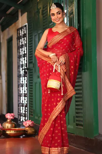 maroon embroidery work chiffon ceremonial saree
