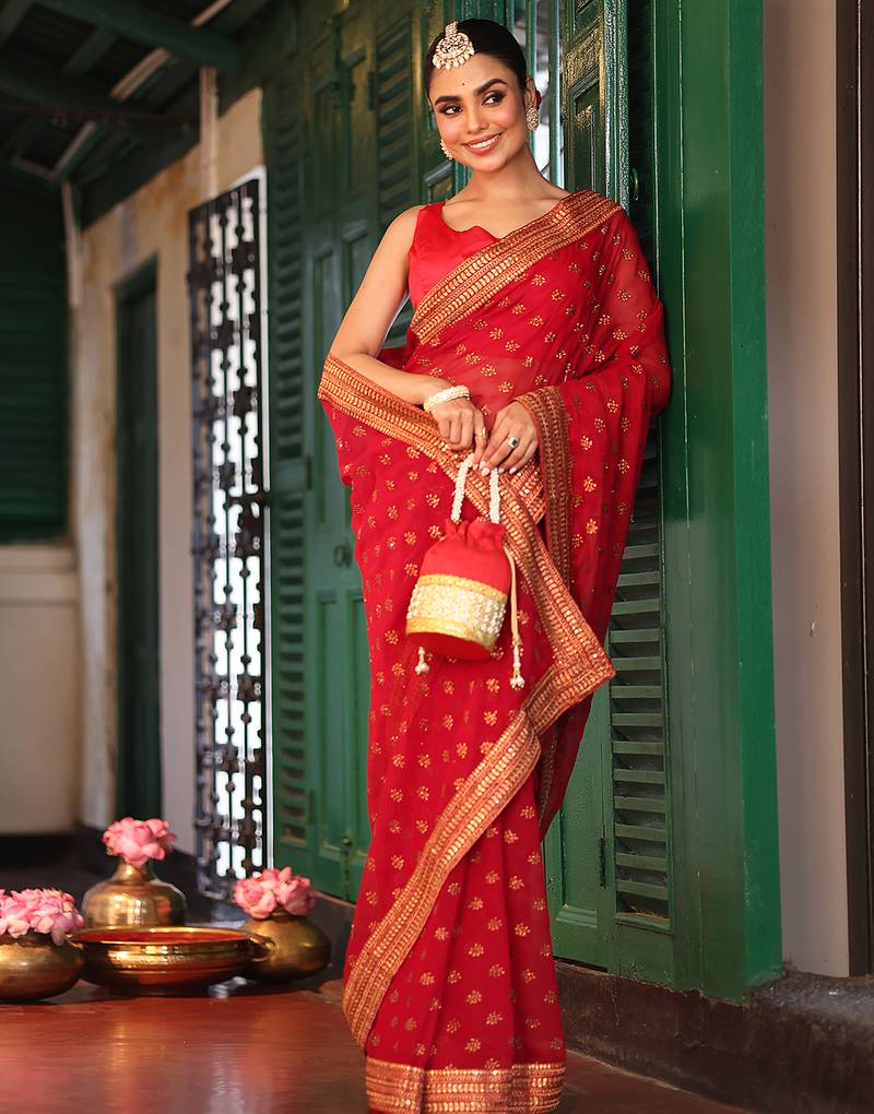 maroon color embroidery work chiffon fabric beautiful ceremonial saree