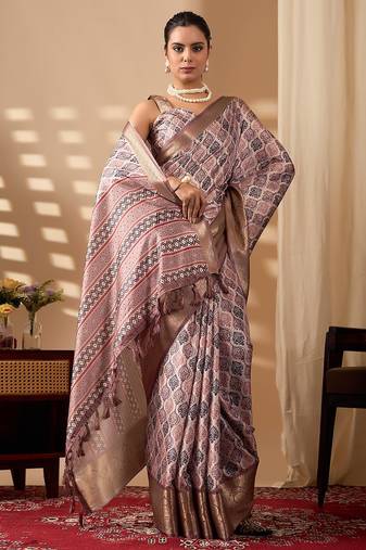 elegant lichi silk blend saree with intricate digital weave & golden zari border | matching contrast blouse