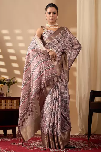 elegant lichi silk blend saree with intricate digital weave & golden zari border | matching contrast blouse