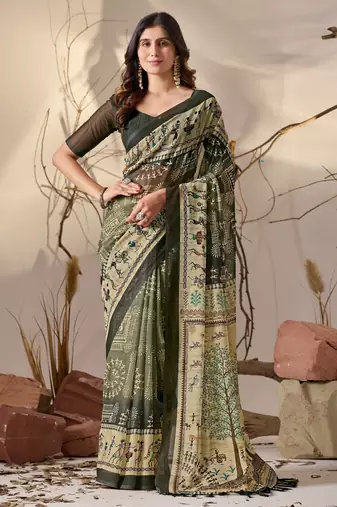 olive green georgette saree with tribal warli digital prints & beige panel pallu | matching contrast printed blouse