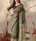 olive green georgette saree with tribal warli digital prints & beige panel pallu | matching contrast printed blouse