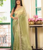 pista color chiffon fabric beautiful ceremonial saree