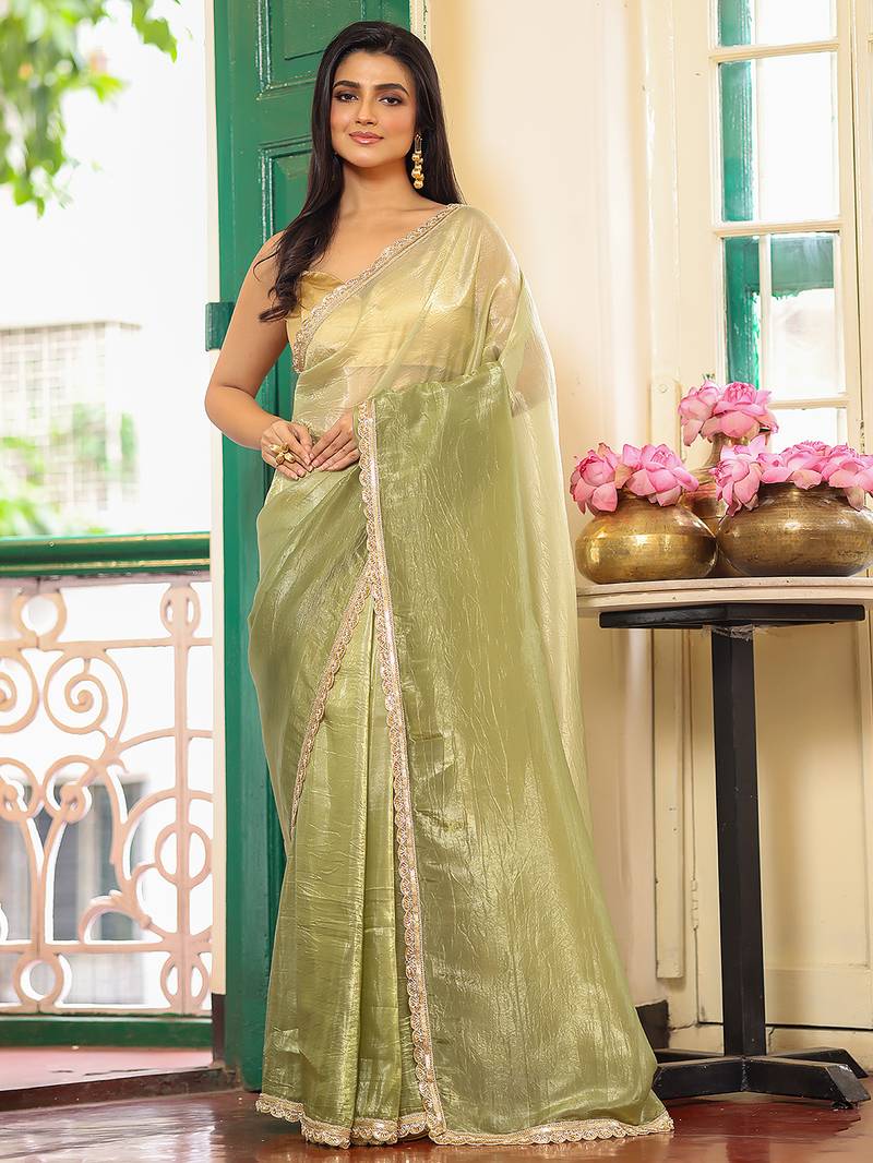 pista color designer chiffon fabric beautiful ceremonial saree
