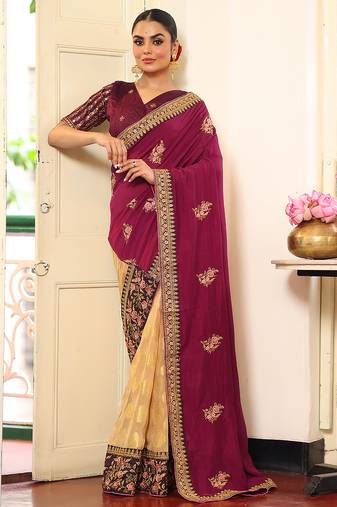 wine color embroidery work viscose rayon fabric beautiful ceremonial saree