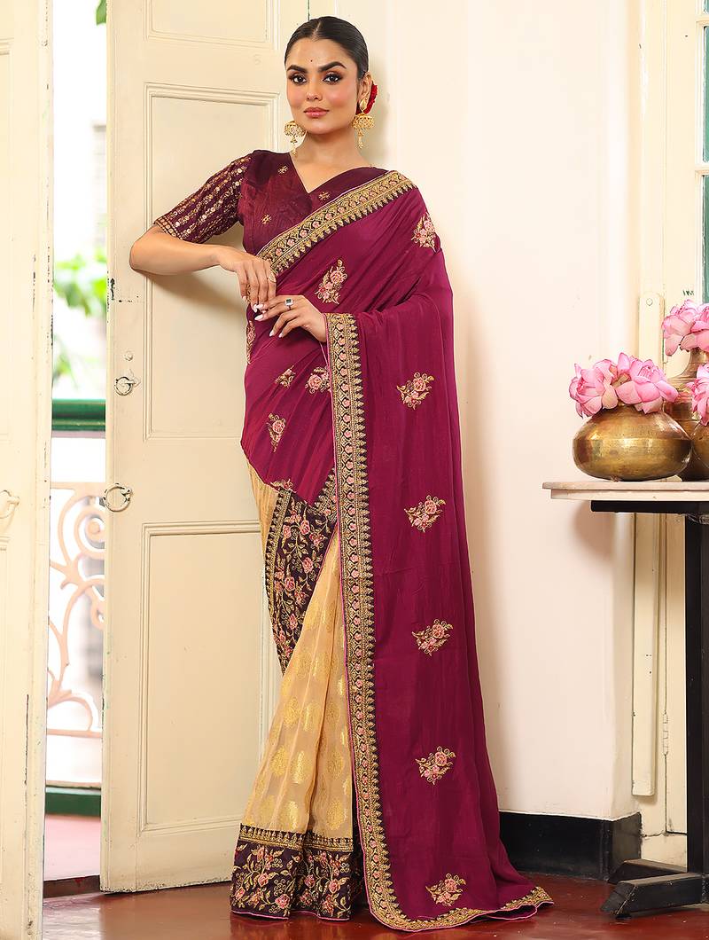 wine color embroidery work viscose rayon fabric beautiful ceremonial saree