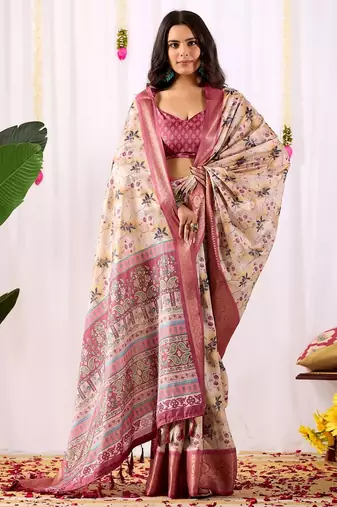 premium lichi silk blend saree with floral digital prints & contrast zari border | matching designer blouse