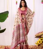 premium lichi silk blend saree with floral digital prints & contrast zari border | matching designer blouse