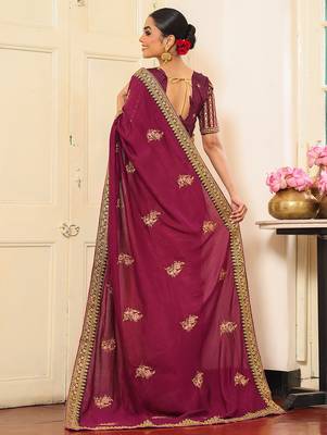 wine embroidery work viscosee rayon ceremonial saree 2