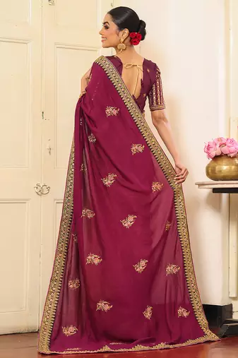 wine embroidery work viscosee rayon ceremonial saree