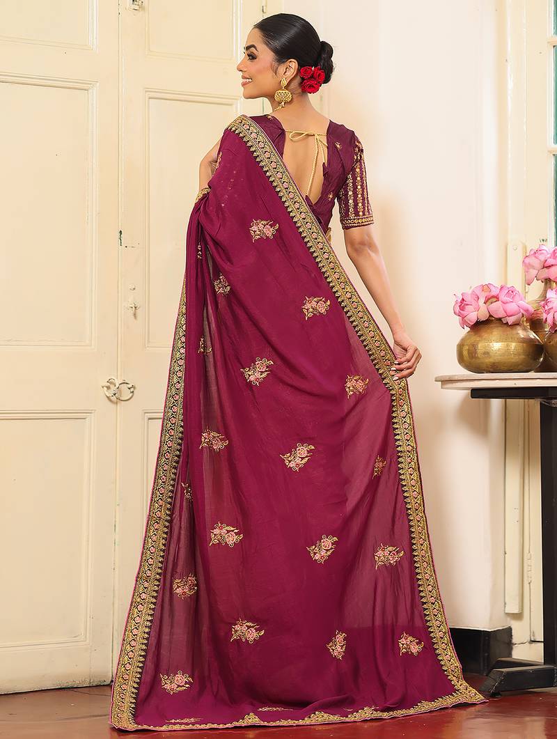 wine color embroidery work viscose rayon fabric beautiful ceremonial saree