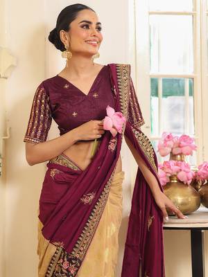 wine embroidery work viscosee rayon ceremonial saree 3