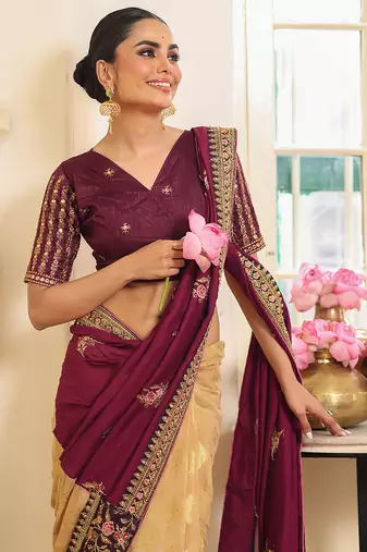 wine embroidery work viscosee rayon ceremonial saree
