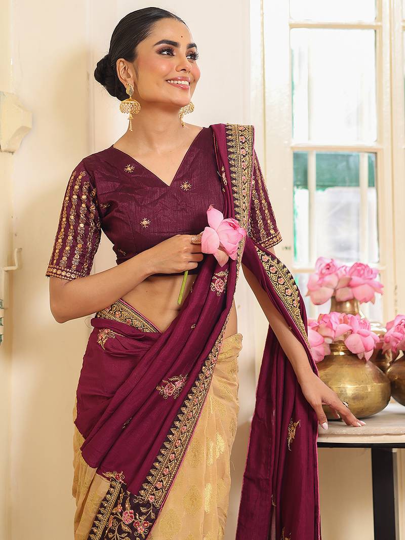 wine color embroidery work viscose rayon fabric beautiful ceremonial saree