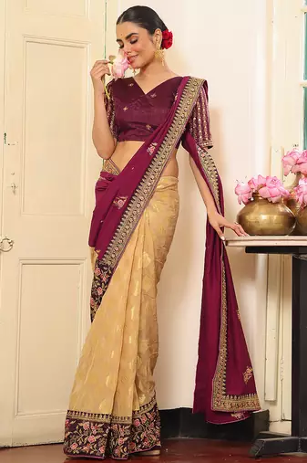 wine embroidery work viscosee rayon ceremonial saree
