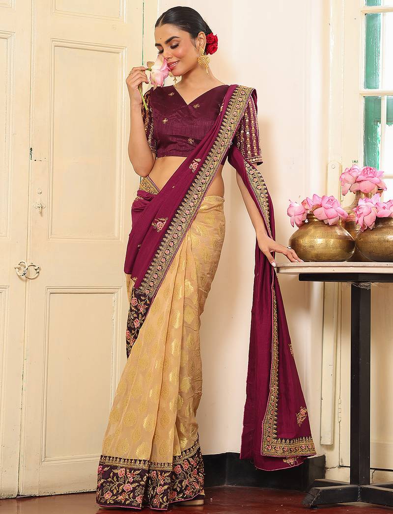 wine color embroidery work viscose rayon fabric beautiful ceremonial saree