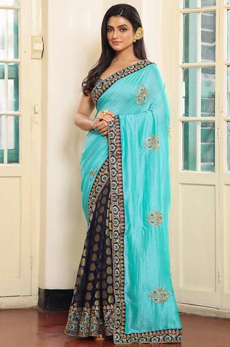 blue color embroidery work viscose rayon fabric beautiful ceremonial saree