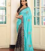 blue color embroidery work viscosee rayon fabric beautiful ceremonial saree