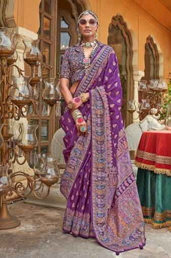 purple premium silk blend blend saree with woven zari & thread work | unstitched rich brocade blous