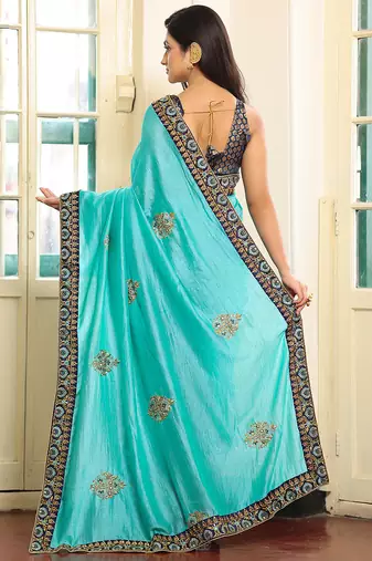 blue embroidery work viscosee rayon ceremonial saree