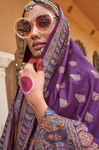 purple premium silk blend blend saree with woven zari & thread work | unstitched rich brocade blous