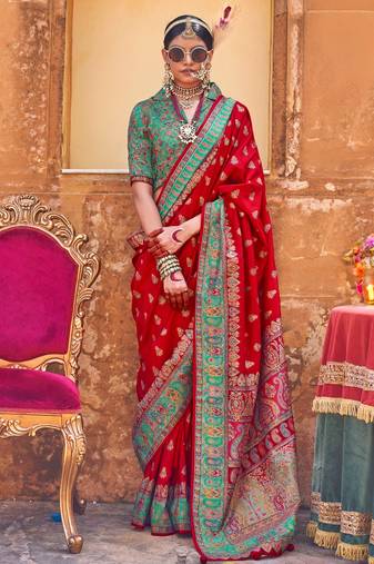 red premium silk blend blend saree with woven zari & thread work | unstitched rich brocade blous