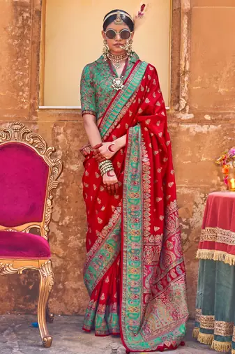 red premium silk blend blend saree with woven zari & thread work | unstitched rich brocade blous