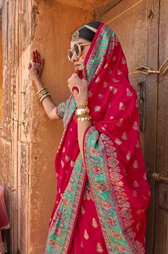 red premium silk blend blend saree with woven zari & thread work | unstitched rich brocade blous
