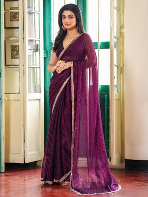 wine fancy swarovski work organza ceremonial saree 1