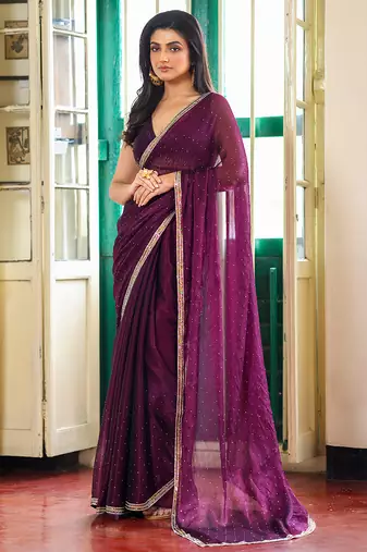 wine color fancy designer swarovski work organza fabric beautiful ceremonial saree