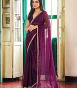 wine color fancy swarovski work organza fabric beautiful ceremonial saree
