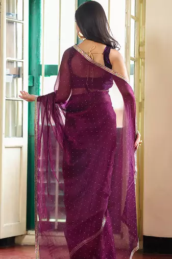 wine fancy swarovski work organza ceremonial saree