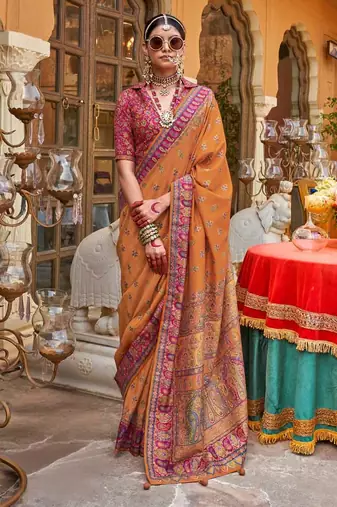 musterd  premium silk blend blend saree with woven zari & thread work | unstitched rich brocade blous