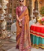 musterd  premium silk blend blend saree with woven zari & thread work | unstitched rich brocade blous