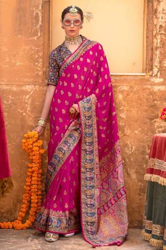 pink  premium silk blend blend saree with woven zari & thread work | unstitched rich brocade blous