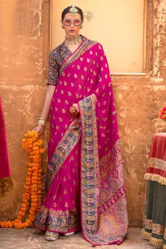 pink  premium silk blend blend saree with woven zari & thread work | unstitched rich brocade blous