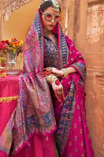 pink  premium silk blend blend saree with woven zari & thread work | unstitched rich brocade blous