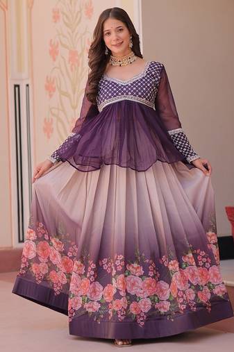 Purple Color Cosmos Flower Printed Lehenga Top