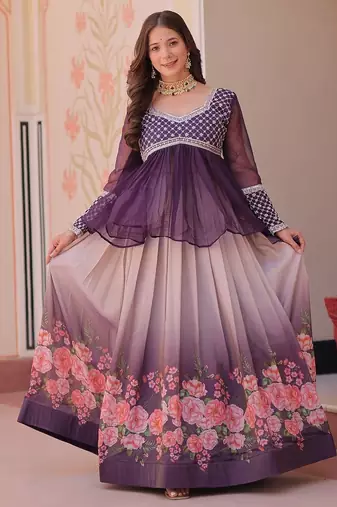 Purple Color Cosmos Flower Printed Lehenga Top