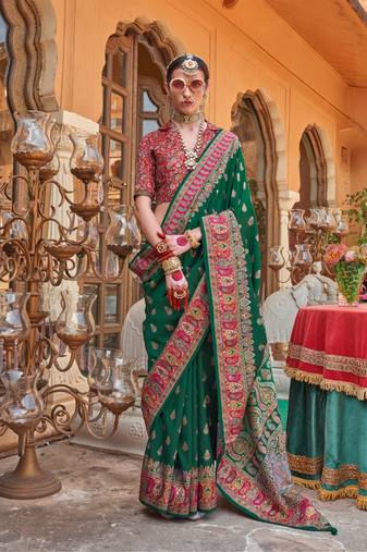 green  premium silk blend blend saree with woven zari & thread work | unstitched rich brocade blous